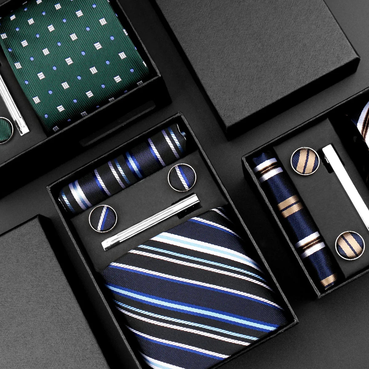 Luxury 8cm Tie For Men Handkerchief Cufflink Tie Clip Set Man Wedding Gravata Suit Accessories Brand Business Necktie Box Gift